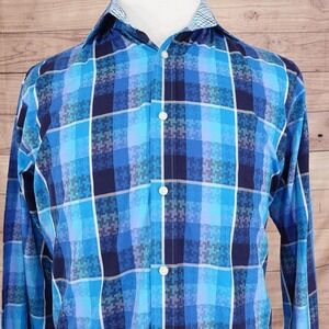 Thomas Dean Shirt Mens Large Blue Plaid Button Down Long Sleeve 100% Cotton TD
